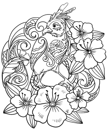 Parrot In Flowers Coloring Page